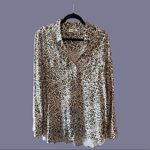 Cheetah print button down.  Long fit.   Great with leggings.